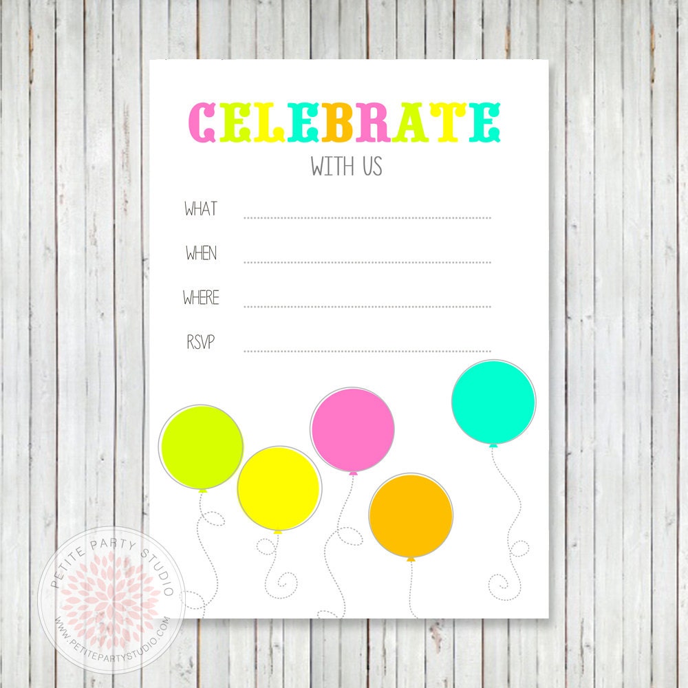 INSTANT DOWNLOAD Printable Invitation - Neon Balloons Birthday Party or Shower Fill-In Invitation - by Petite Party Studio Il_170x135