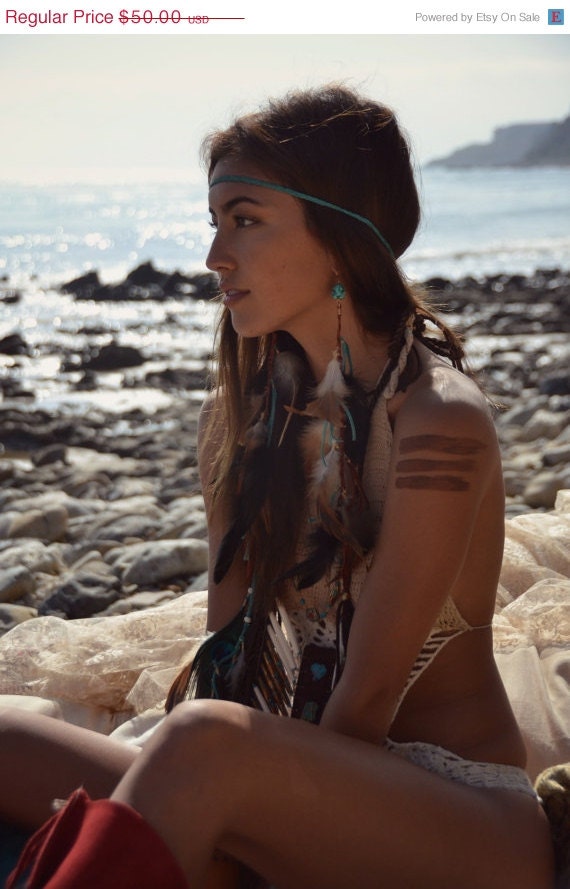 MEMORIAL DAY SALE Barefoot Traveler Feather Turquoise Braided Leather Boho Earrings