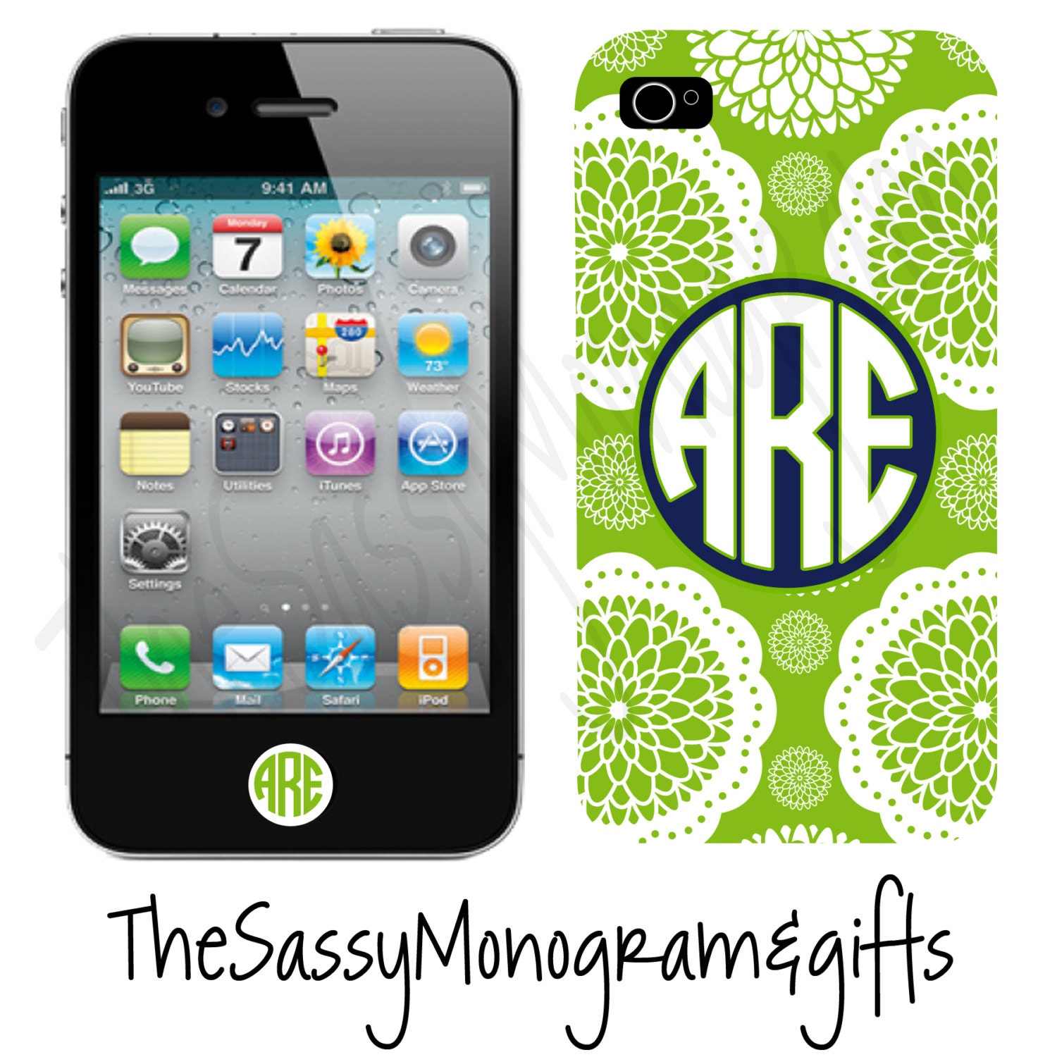 Personalized PLASTIC iPhone 4 - 4s and 5 case Green Flower Vintage - custom made - Design Your Own Iphone Case