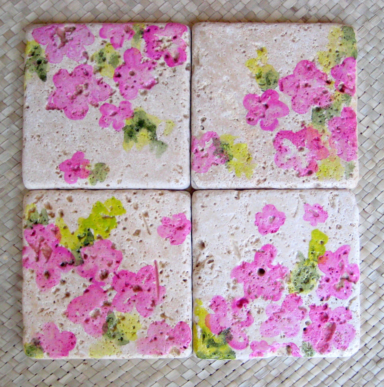 TILE COASTERS HANDPAINTED pink flowers- set of 4