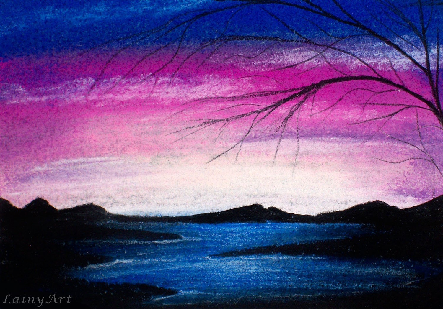 Blue Sunset - ACEO soft pastel drawing - All proceeds to charity - vibrant, colorful, sunrise - Card 373