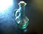 Vtg. Mint Green PEAR Glass Decanter Kitchen Bathroom Supply Vintage Oil Bottle w/ cork & handle