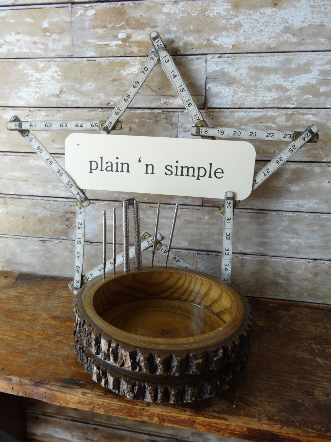 Vintage NutCracker Bowl Log Bark Dish With Metal NutCracker an 4 Nut Picks