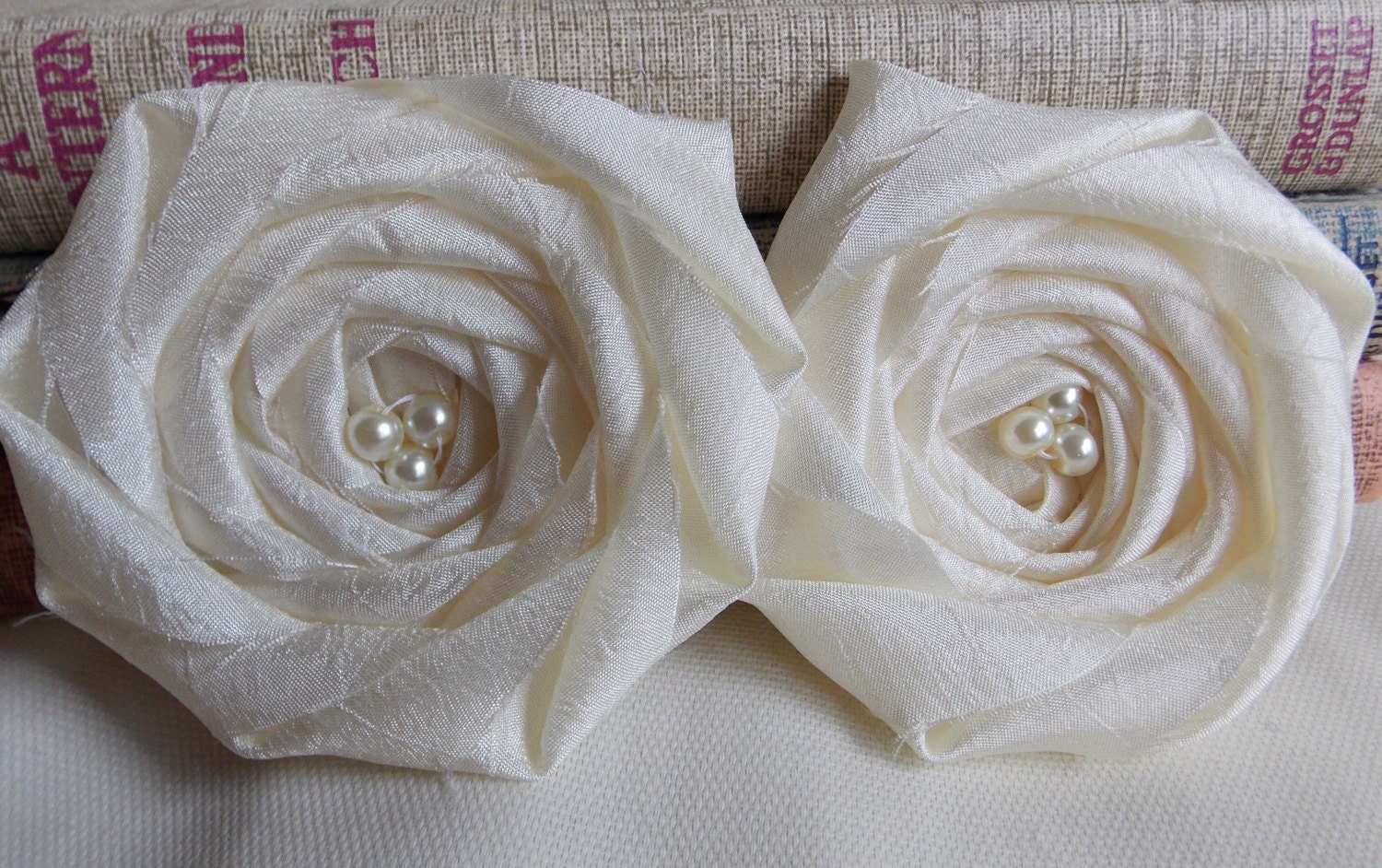 Ivory Flower Wedding Applique Bridal Ivory Pearl Flower Rosette Embellishment 3 inches Set of Two