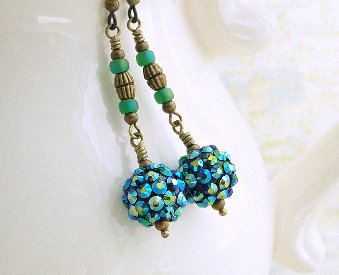 Mermaid earrings of aquamarine pave crystal beads and brass - Bling jewelry for your Mermaid's treasure - Pave earrings