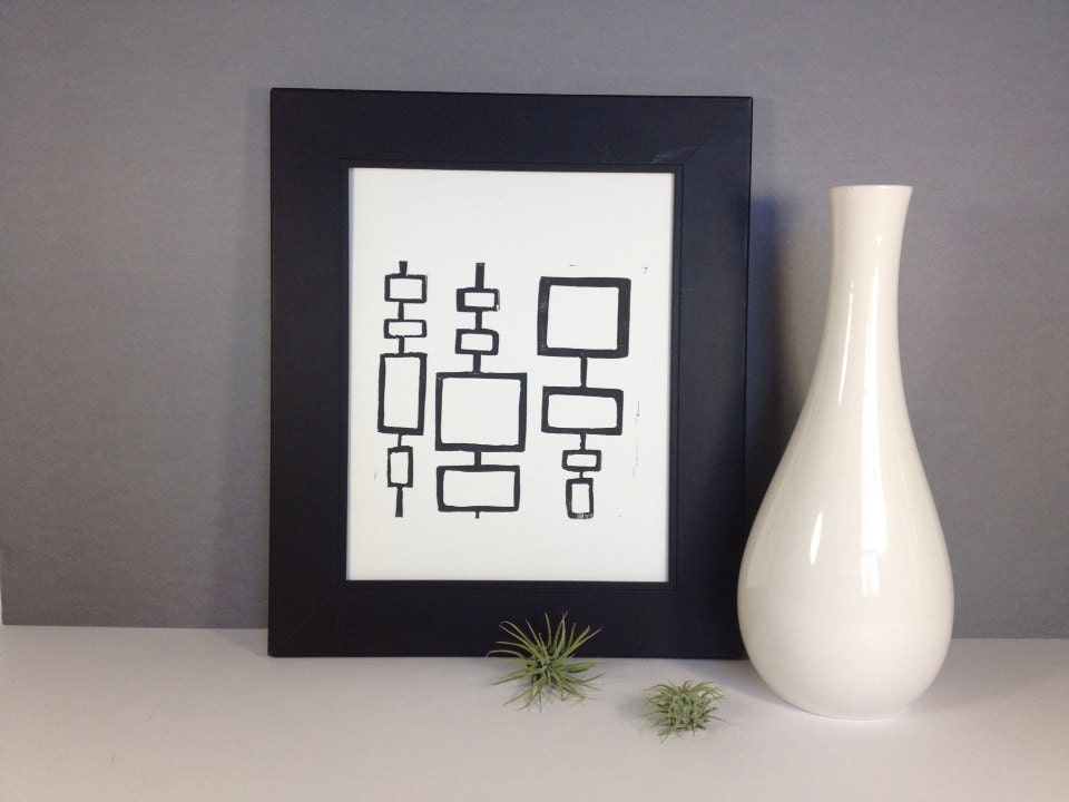 Modern Mid Century linocut Art Squares PRINT 8x10 on White Cotton Rag Paper