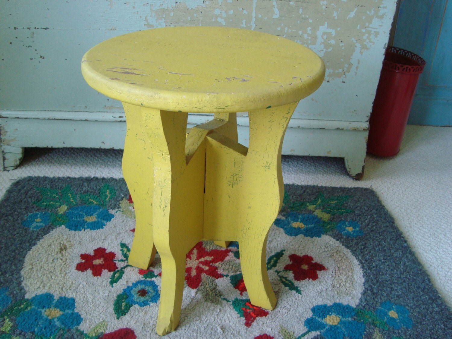 Vintage Painted Table Stool or Plant Stand Chippy Yellow Paint