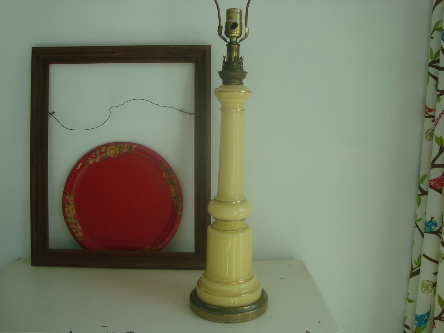 Vintage Pale Yellow Reverse Painted Glass Lamp with Brass Crown