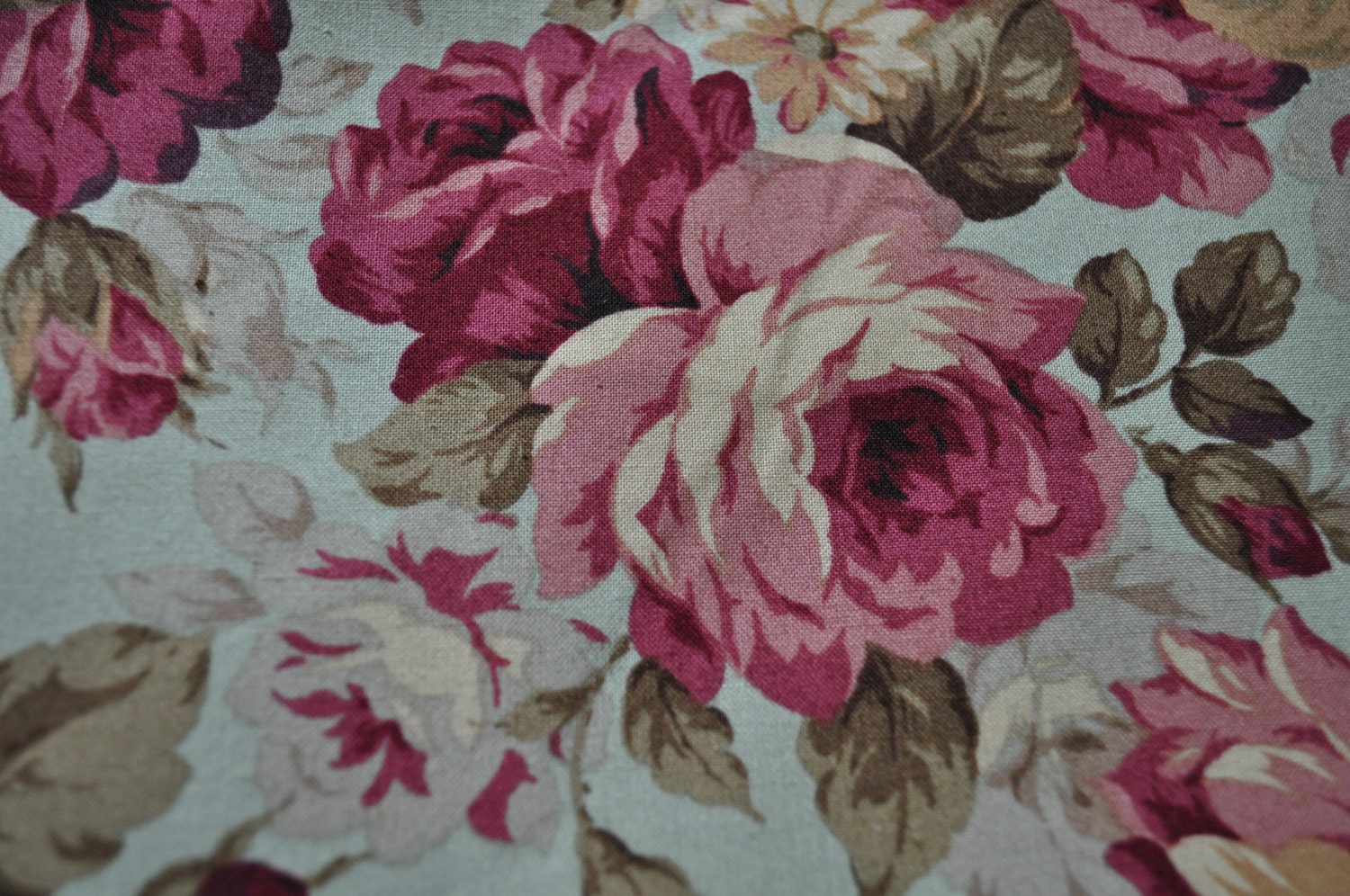 Shabby Chic Rose Garden Floral Cotton Fabric in Aqua Blue, Rosy Pinks, Olive Green, and Golden Yellow