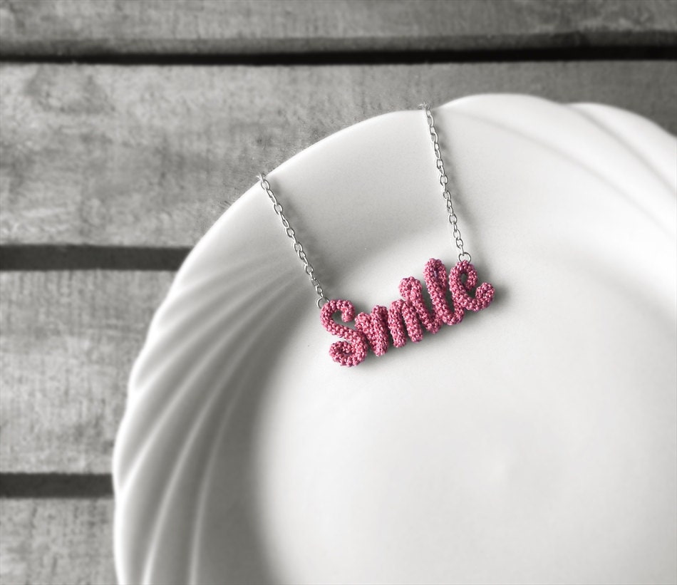 Smile Necklace, Word Pendant Necklace, Inspirational Personalized Necklace, Crochet Wrap Jewelry, Friendship Necklace, Mauve