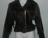 vintage 80s 1980s womens fringe biker motorcycle black fitted leather jacket M