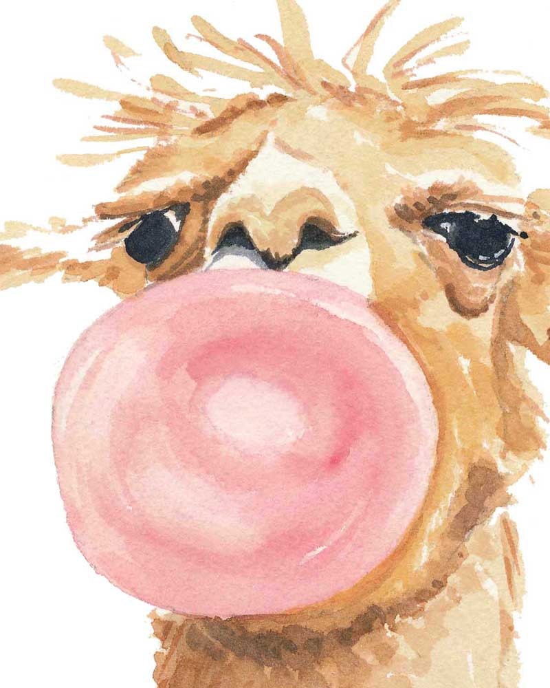 Llama Watercolour PRINT - Bubble Gum, Llama Painting, Nursery Art, 8x10 print - WaterInMyPaint