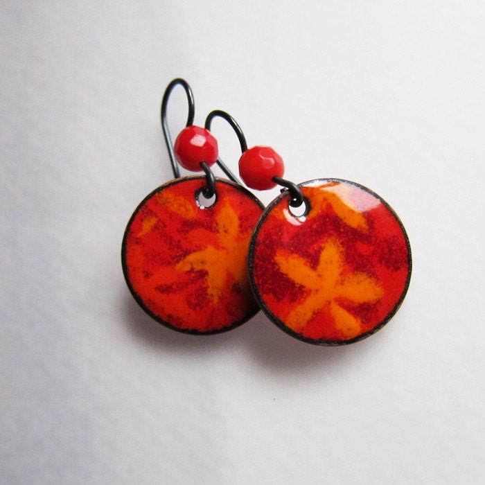 Red Orange Drop Earrings, bohemian jewelry, enamel jewelry, handpainted flower earrings