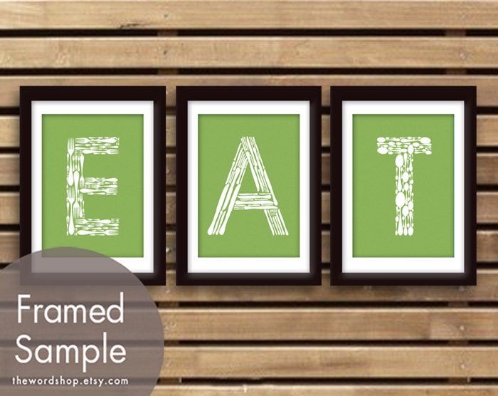 EAT (Kitchen Fork Knife Spoon)  Set of 3 - 5x7 Art Print (Featured in Grass Green) Customizable colors
