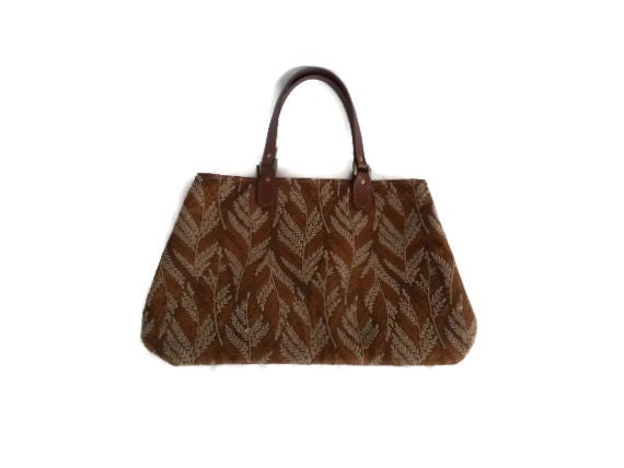 Golden Brown and Taupe Tapestry Fabric Handbag Carpet Bag Purse