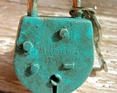 Set of 2 Antiqued Turquoise Drawer Lock with Keys Style Accent Knobs or Pulls For Furniture Custom Finishes Available