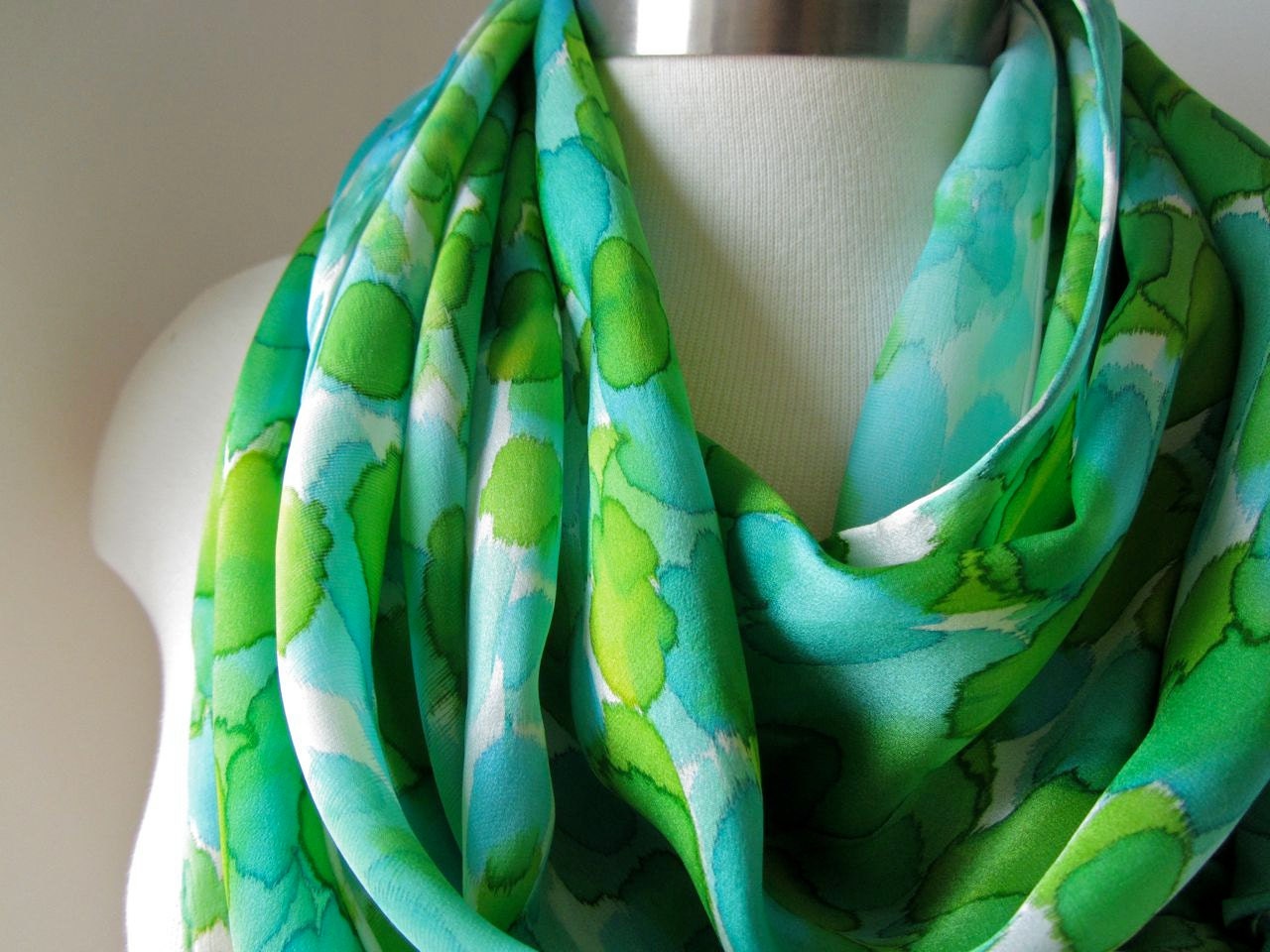 Silk scarf, hand painted. Abstractions in aqua and chartreuse. Spring fashion.  Ready to ship