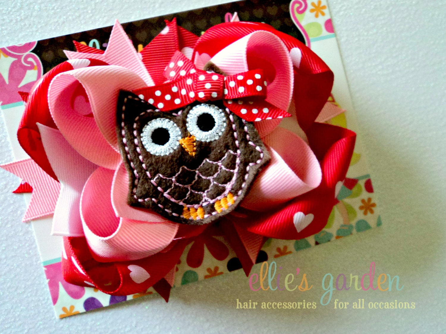 Pink and Red Valentine's Day Embroidered Owl Boutique Style Layered Hair Bow