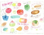 Japanese sweets Kitchen art Watercolor food Asian bakery Japan dessert Cake illustration pink decor Dango Nerikiri Dorayaki Sakuramochi