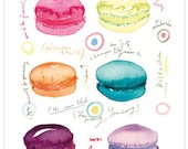 Macaron poster, Tea time at Laduree print, Paris, watercolor painting, kitchen decor, Food art
