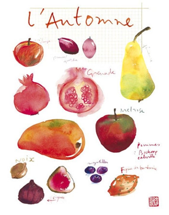 Seasonal fruits poster, Fall fruits illustration 8X10 print, Kitchen decor, Watercolor food art, autumn colors wall decor