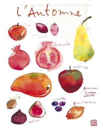 Seasonal fruits poster, Fall fruits illustration 8X10 print, Kitchen decor, Watercolor food art, autumn colors wall decor