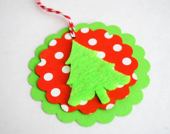 6 Christmas Tree TAGS, Felt Christmas Tree black and Red polka dot cardstock tags 3.0 INCHES A677 Il_570xn