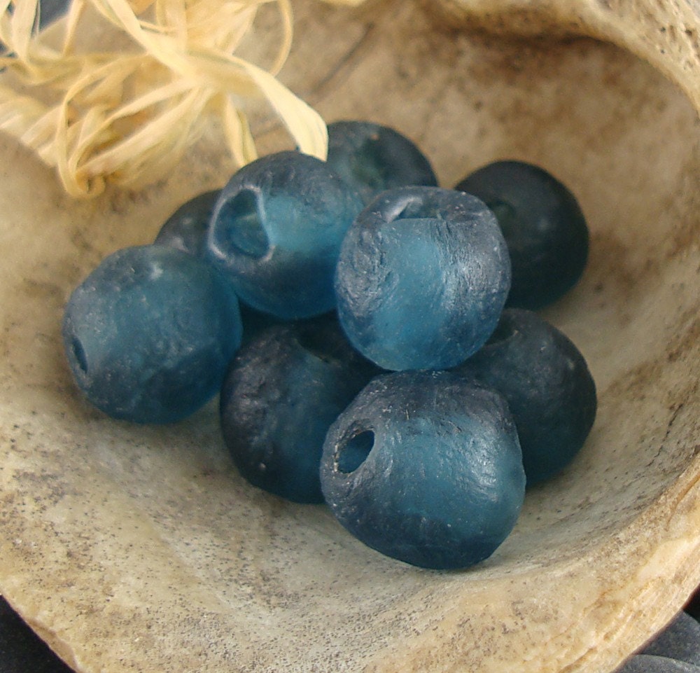 African Mali Blue Ghana Glass Beads 12mm x 14mm - 10 Beads