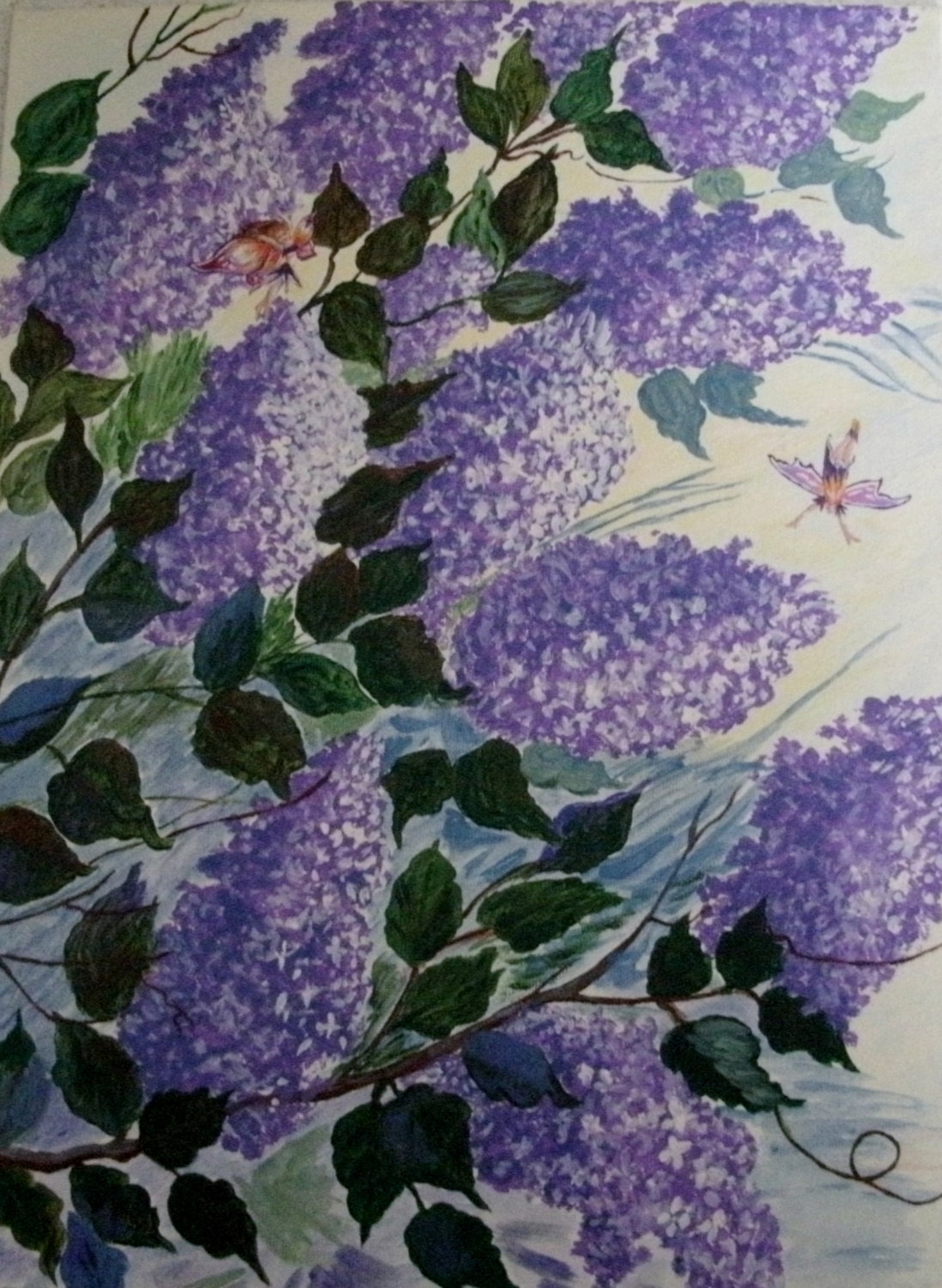 Original Painting Of Fairies and Lilacs, fine art steampunk victorian fantasy mystic art nouveau magic acrylic celtic floral botanical