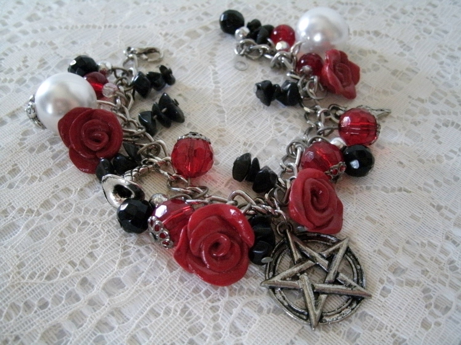 Goddess And Roses Pentacle Charm Bracelet, wiccan jewelry pagan jewerly witch witchcraft gypsy metaphysical new age wicca pentagram mystic