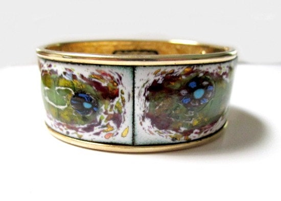 Vintage Enameled Peacock Clamper Hinged Bracelet
