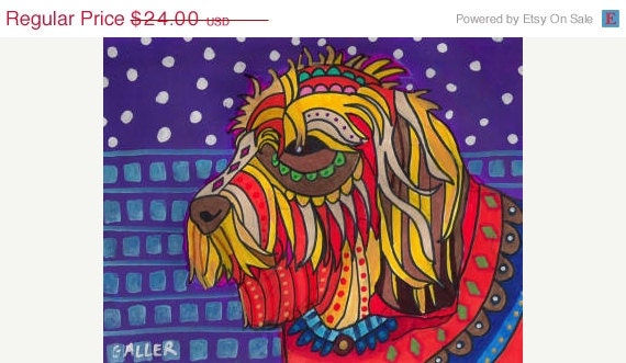 50%  OFF SALE - Labradoodle Art Dog Print Poster of Painting 11x14 Purple Red Orange Polka Dots Signed Folk Art- Wedding Gifts