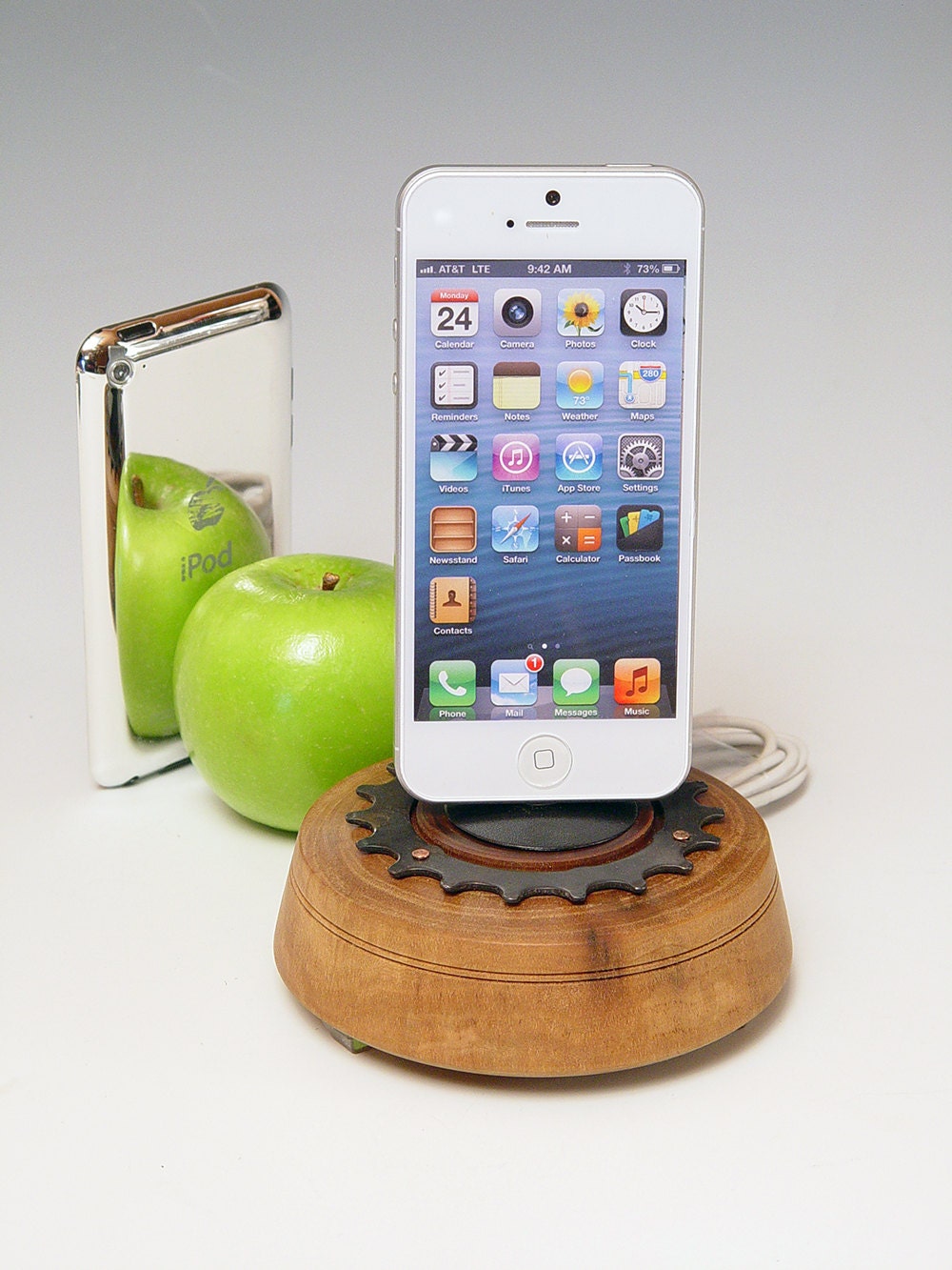 Docking Station for ANY generation iPhone or iPod. 388. Wood and steel. Handmade bicycle gear dock. Great gift for a biker. FAST SHIPPING.