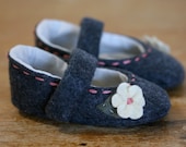 Baby Girl Shoes Little Grey Wool Felt Mary Janes - Soft Sole Baby Booties