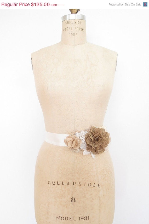 20% OFF Shabby Chic Sash with a Burlap Inspired Rose in Champagne and Ivory Made to Order