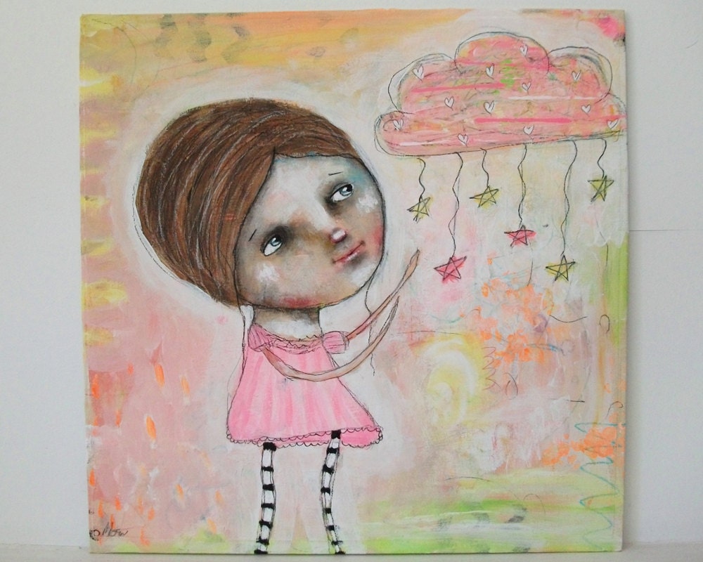 whimsical girl painting folk art cloud art mixed media stars original painting 30x30 cms canvas board - You make me oh so very happy