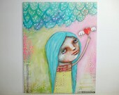 folk art girl Original girl painting whimsical painting mixed media art girl painting 8x10 inch canvas board - Love lives here