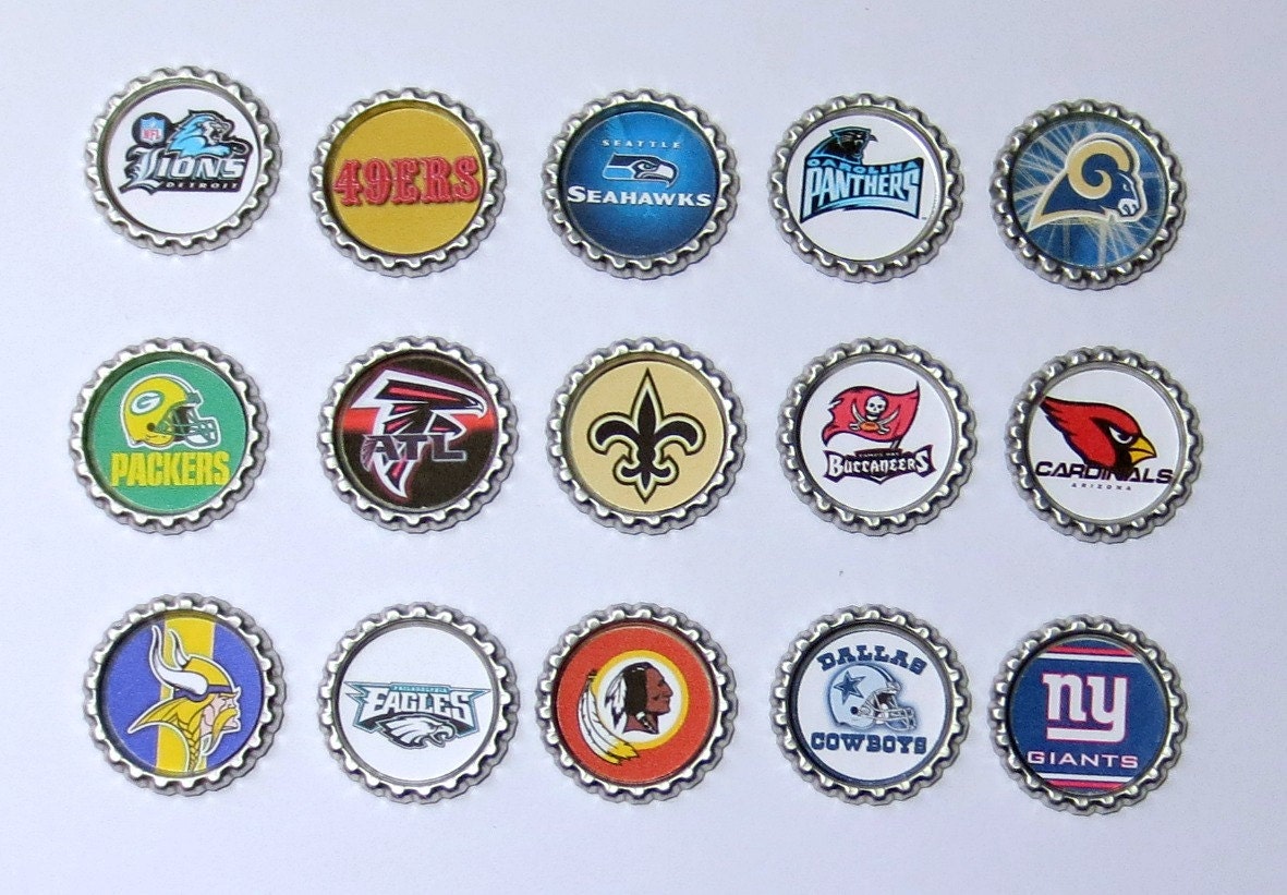 NFC Bottlecap Magnets - All 16 Teams - Cowboys, Giants, Eagles, Redskins, Packers, Panthers, Saints, Cardinals, Rams, 49ers, Seahawks, etc