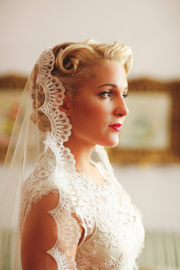 Wedding Veil - Handmade Chapel Lace Bridal Mantilla Ivory or White - made to order