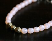 Handmade beaded bracelet, stacking bracelet, pale peachy pink, gold, 6mm Czech glass beads, sterling silver, Mimi Michele Jewelry
