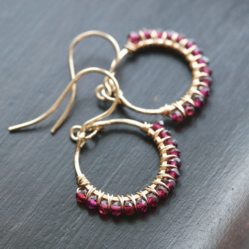 Handmade rhodolite garnet earrings, magenta, red, wire wrapped, beaded dangle hoops, 14k gold filled, gemstone, drop, Mimi Michele Jewelry