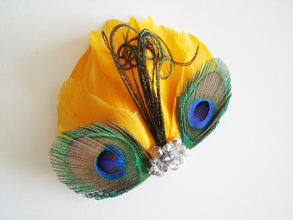 Peocock Fascinator - Peacock Headpiece - Yellow Peacock Bridal Fascinator - Yellow Peacock Bridal Headpiece - Peacock Bridesmaid Headpiece