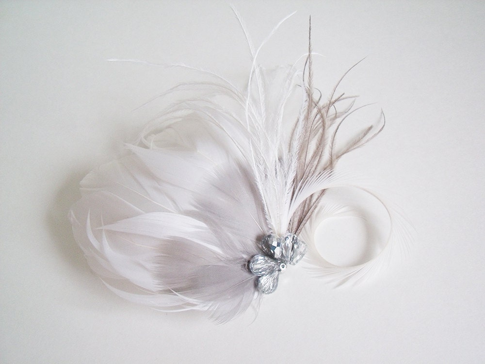 Bridal Headpiece - Silver Feather Comb - Silver and White Fascinator - Small Feather Comb - Silver Bridal Headpiece - White Bridal Headpiece