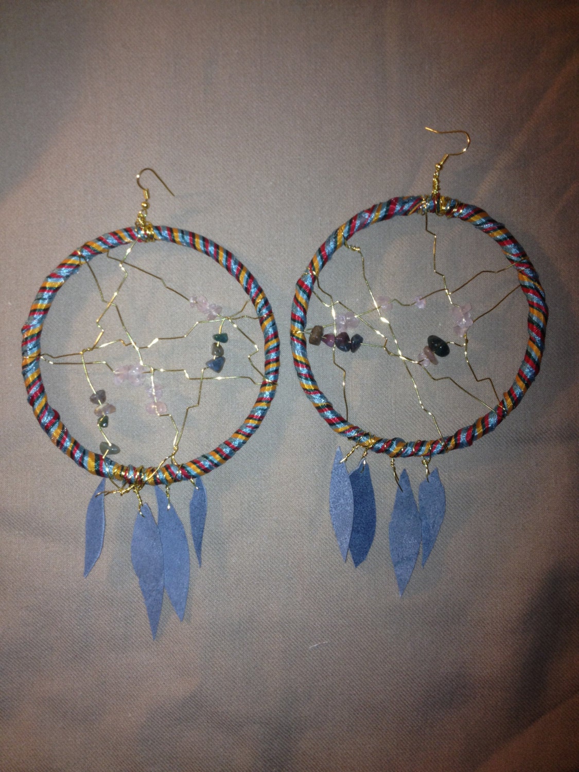 Super light XL dreamcatcher earrings with rose quartz and recycled fabrics