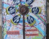 BEER CAP FLOWER - "Bloom..." - Mixed Media Assemblage on Salvaged Wood (approx 5 1/4" X 6")