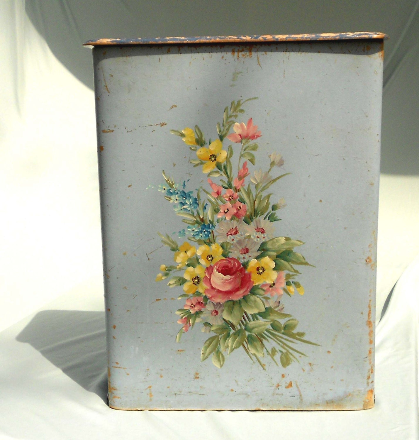 Authentic Vintage Clothes Hamper, Blue wood with handpainted tole work roses and shabby blue lid