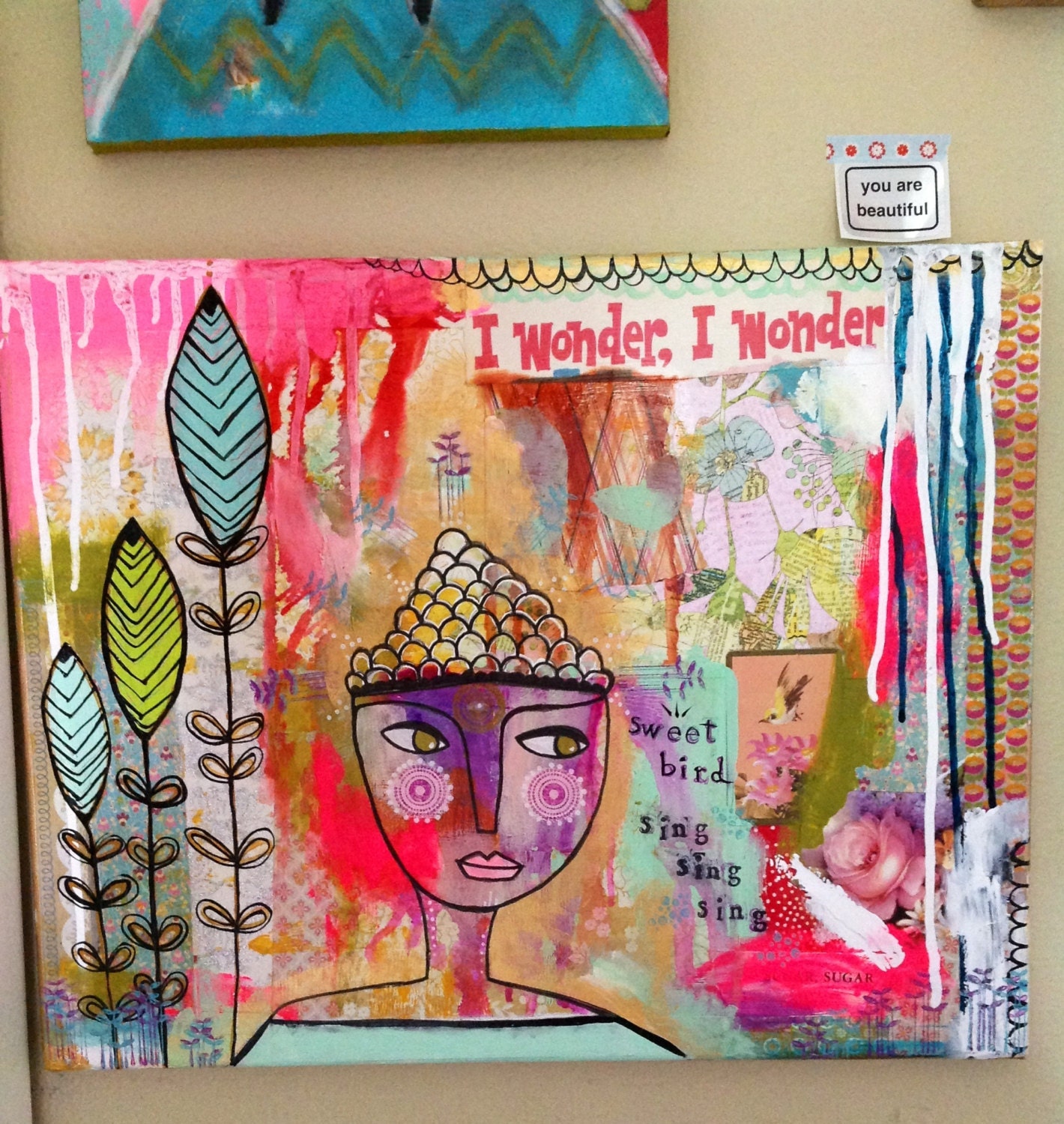 I wonder sweet bird original mixed media painting