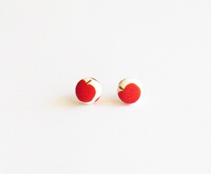 Teachers Pet - upcycled vintage fruit scarf - Repurposed Covered Button Earrings - apples - oranges - cherries - teacher gift - front page