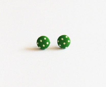 Envy - vintage fabric - Covered Button Earrings - green earrings - polka dot earrings - green polka dots