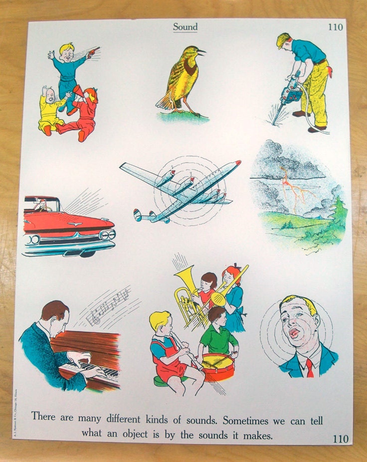 1963 School Science Chart - 18 X 24 Lesson on Sound with Kitschy 60's Illustrations